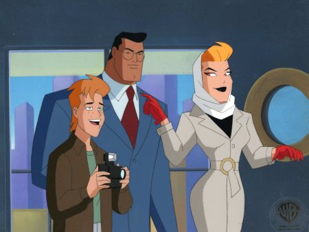 Superman the Animated Series Original Production Cel on Original Background With Matching Drawing: Clark Kent, Jimmy Olsen, and Volcana For Cheap