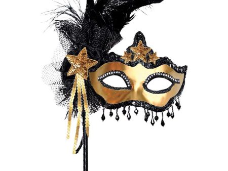 Glitz Mask On Stick Feather Black & Gold on Sale